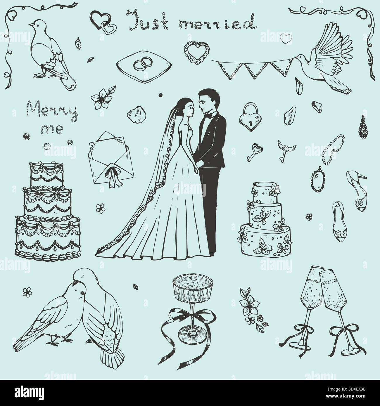 Whimsical Wedding doodle Sketch Romantic set Stock Vector