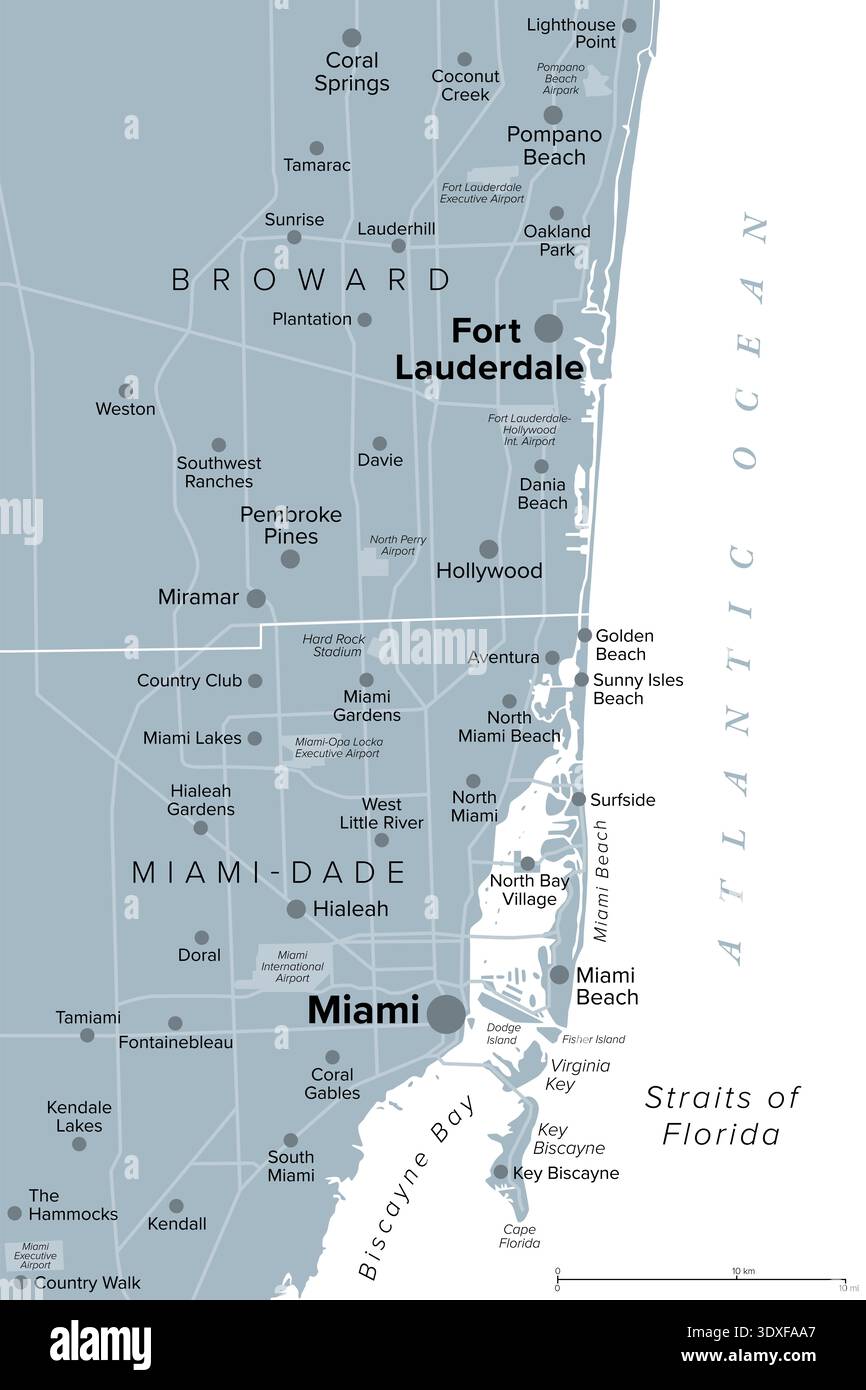 Miami And Fort Lauderdale South Florida United States Gray Political Miami And Fort Lauderdale South Florida United States Gray Political Map Core Part Of The Miami Area In Florida 3DXFAA7 