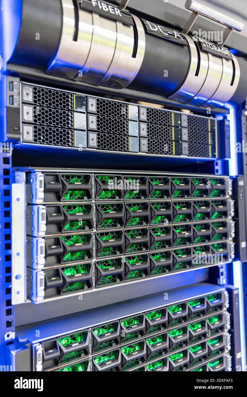 High-performance data center server rack with enterprise storage and networking, ideal for bitcoin full node hosting, mining pool infrastructure, cryp Stock Photo