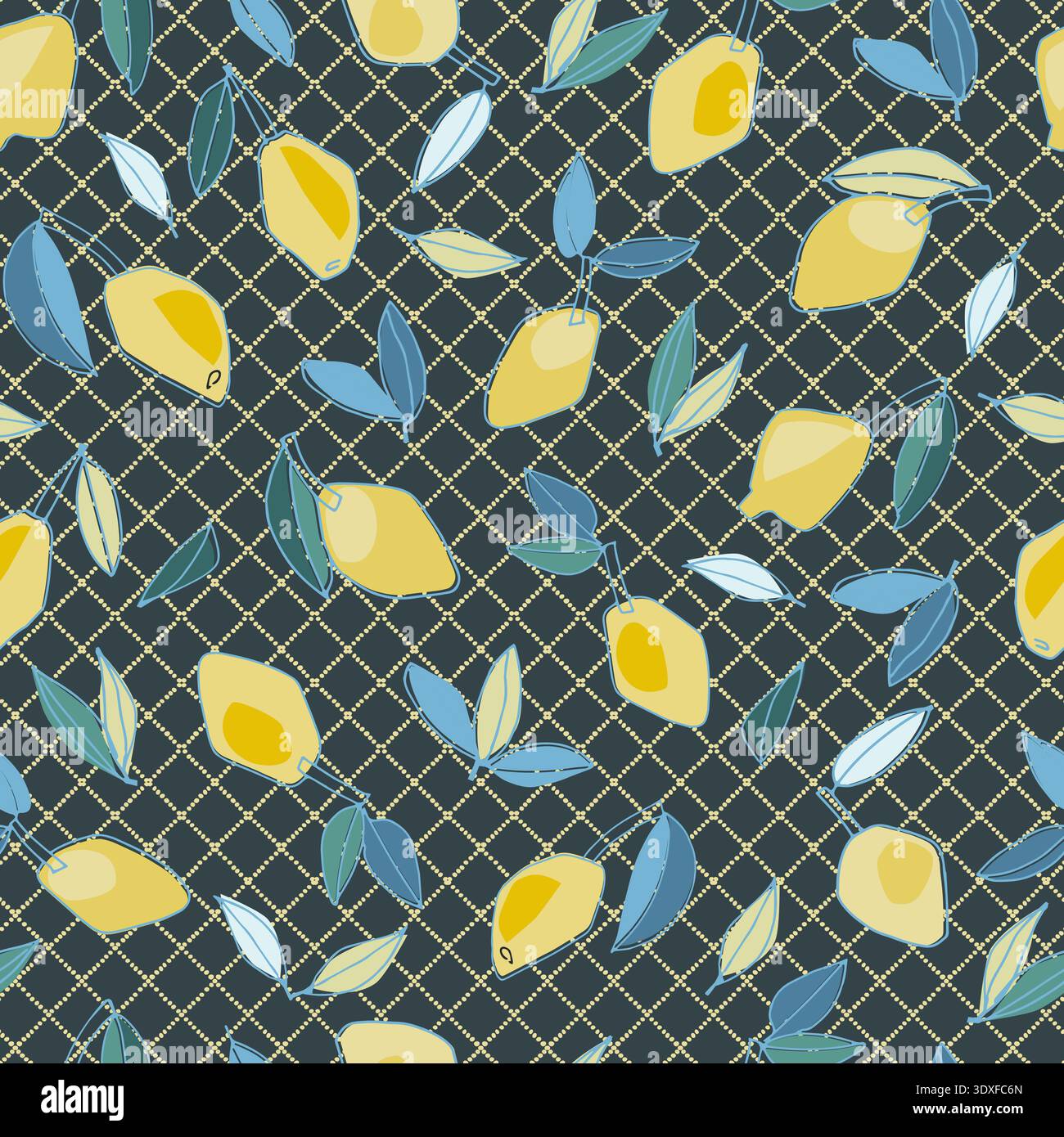 Seamless pattern with hand drawn lemons for textile, home decor, branding, visual communication, content, social media background, posters in Mediterr Stock Vector