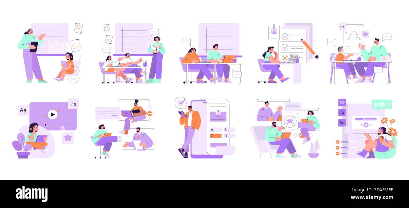 Vector illustration depicting various remote learning interactions with students and instructors using technology. Scenes highlight online teaching, collaborative study, and digital communication. Stock Vector