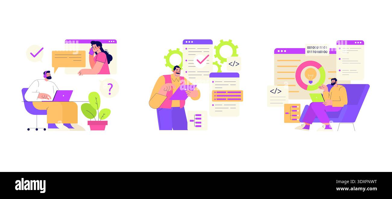 Vector illustration set depicting collaborative office tasks. Shows people communicating and working on laptops with coding and data visualization elements, promoting teamwork and efficiency. Stock Vector