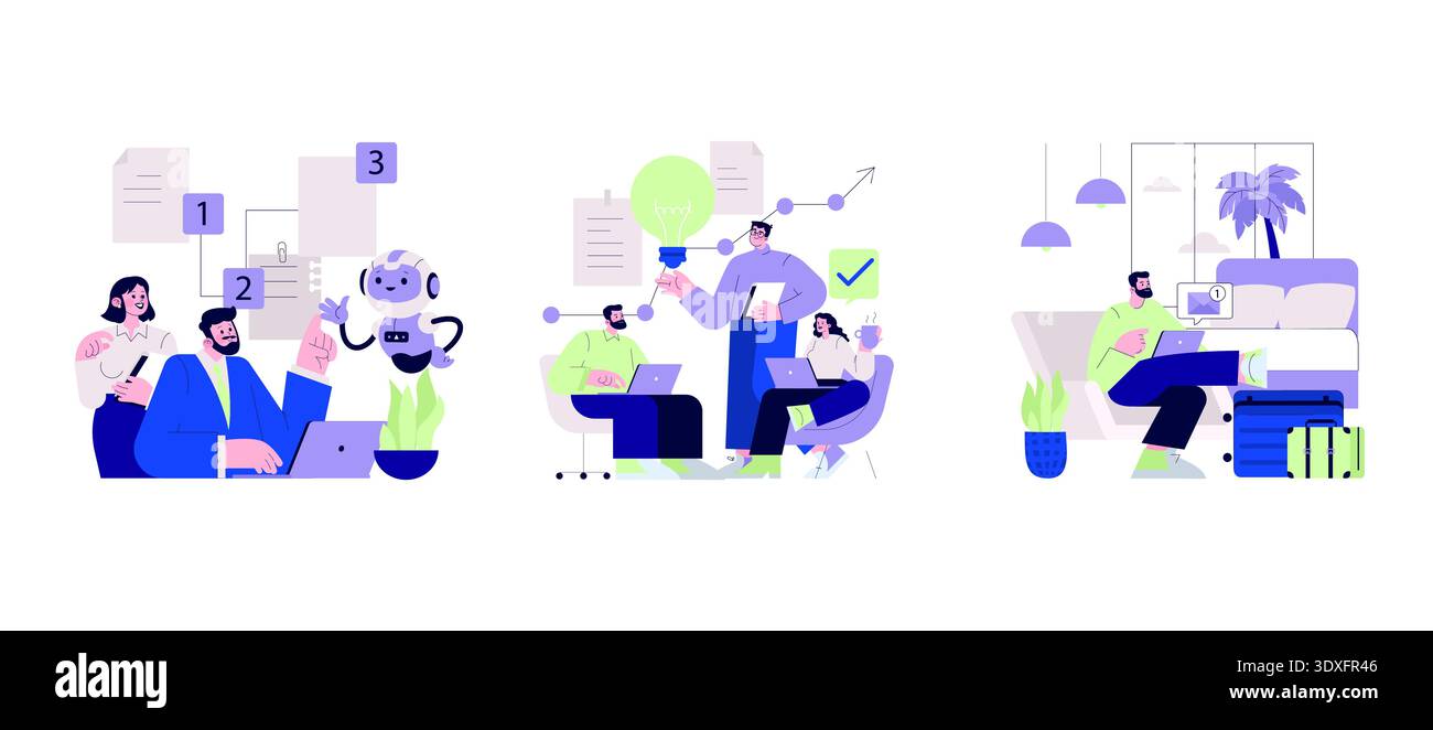 Illustrative scenes of professionals using technology for teamwork and brainstorming. People interact with a robot, share ideas, and work remotely with gadgets. Vector illustration. Stock Vector