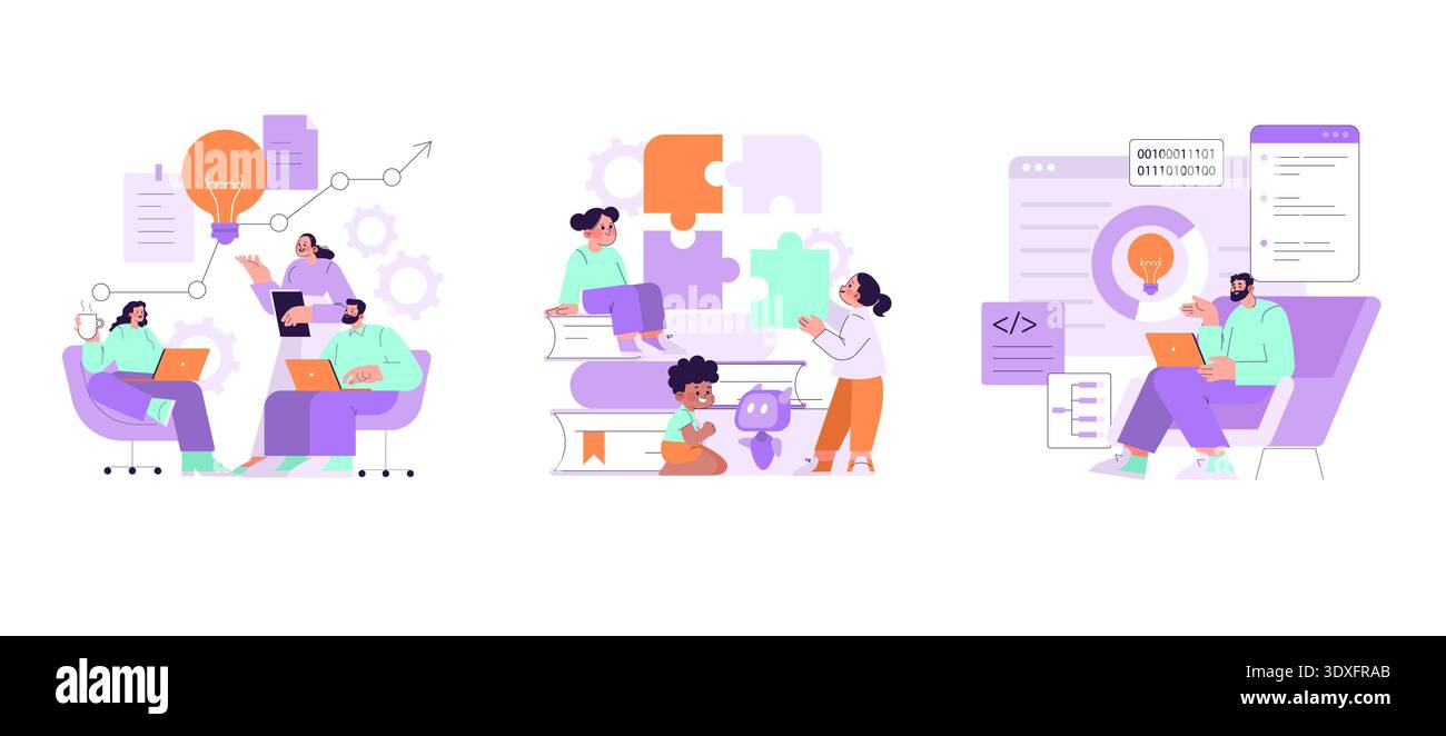 Vector illustration depicting teamwork in a brainstorming session, collaborative learning with books and puzzles, and programming analysis. Highlights problem-solving, education, and creativity. Stock Vector