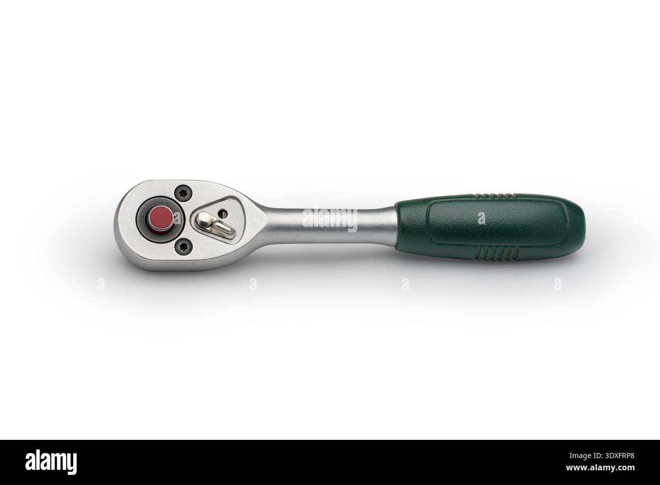 Isolate. Silver reversible ratchet with a green handle on a white background. Close-up. Stock Photo