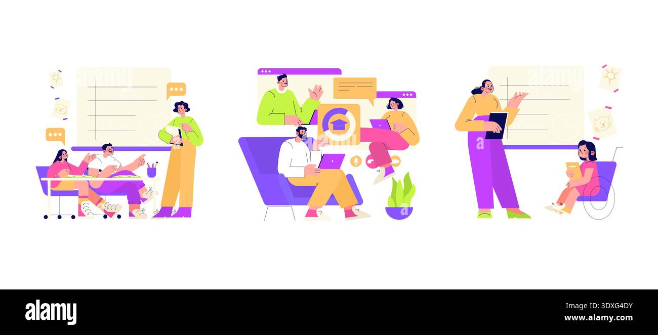 Vector illustration of diverse educational activities in a classroom setting. Students and teachers engage collaboratively using technology and interactive learning methods. Stock Vector