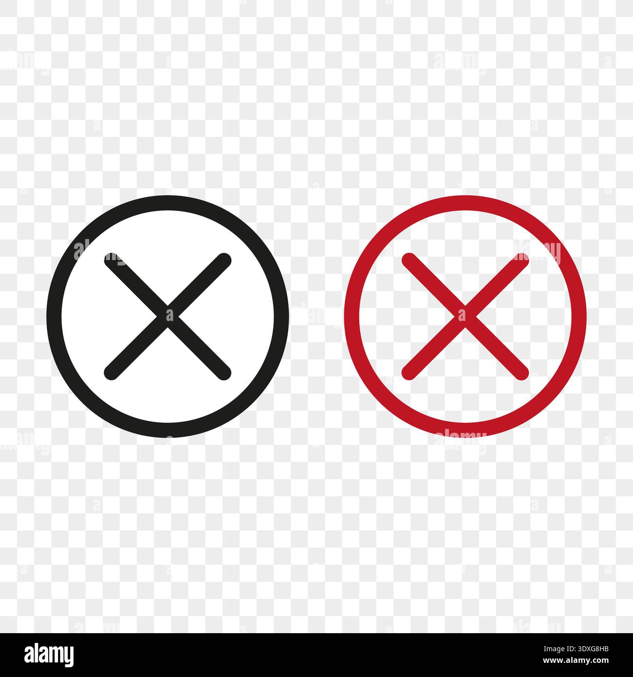 Closing cross set. Cancellation delete icons. Exit error Vector. Black red circular elements. Transparent grid pattern. Stock Vector