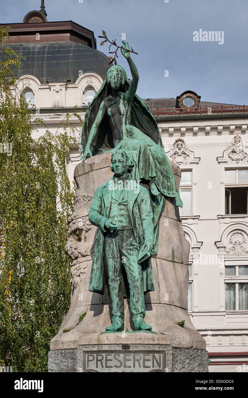 The Prešeren  Monumento on Preseren square, Ljubljana, Slovenia, Europe Stock Photo