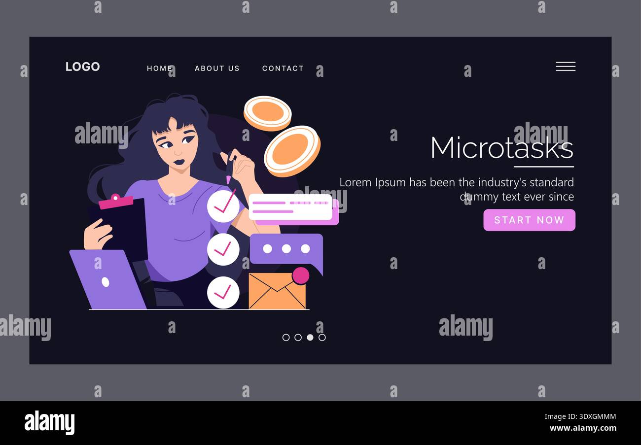 Vector illustration showing a woman efficiently completing microtasks on a website platform. Includes laptop, checklists, and digital elements highlighting productivity features. Stock Vector