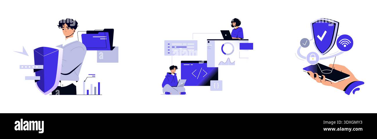 Vector illustration showing digital security, programming, and data analysis. A person holds a shield icon, symbolizing protection. Programmers work on devices, ensuring cybersecurity. Stock Vector