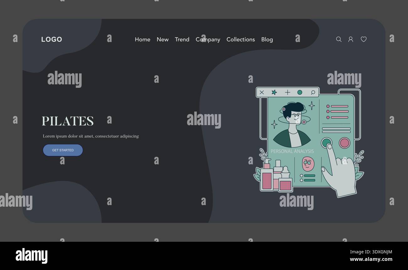 Vector illustration depicting a personal analysis dashboard interface. A hand interacts with the digital layout containing data elements and a portrait, emphasizing user engagement and tech design. Stock Vector