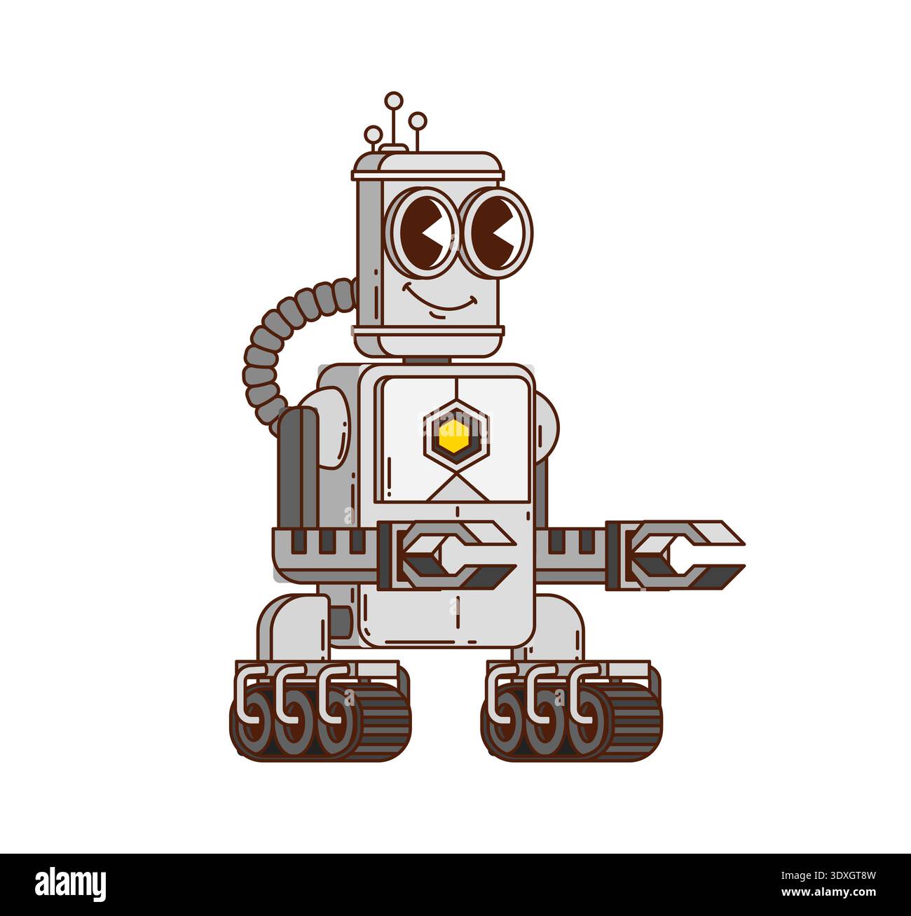Cartoon groovy robot character with tracked base Stock Vector
