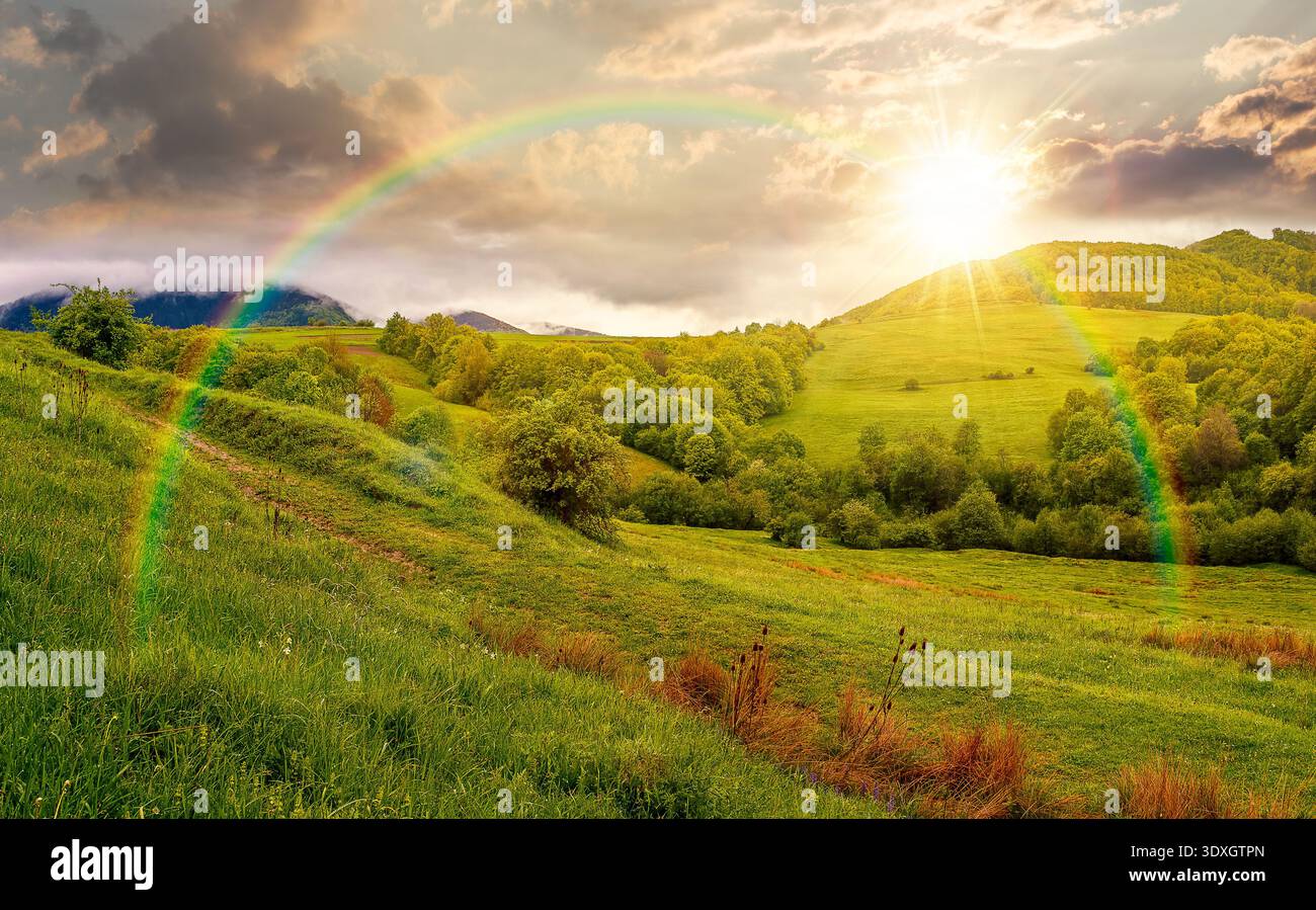 sunset over wonderful countryside scenery with trees on a green hill. scenic rural area in the beautiful valley. vivid picture of a mountain landscape Stock Photo