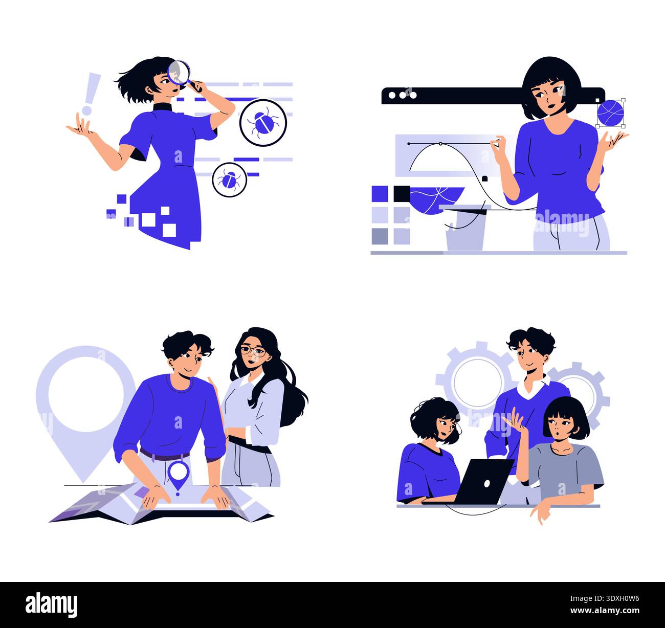 Set of vector illustrations showing teamwork and collaboration in business settings. Individuals are engaged in activities like bug fixing, design, location planning, and project discussion. Stock Vector