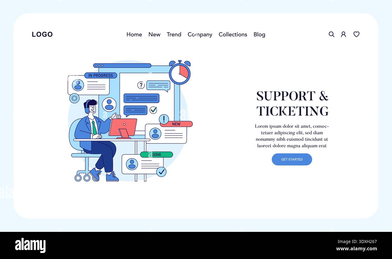 Customer support agent in a modern ticketing system interface vector illustration. Features chat bubbles, notifications, and task status indicators, emphasizing efficiency and communication. Stock Vector
