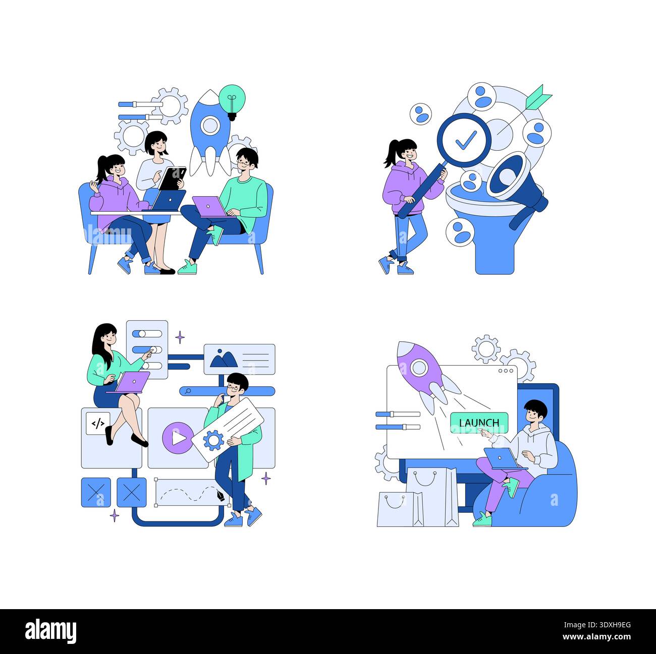 Vector illustration showing teamwork on tech projects. Teams engaged in discussions, planning, coding, and launching a startup idea. Visual elements include laptops, gears, rockets, and user interfaces. Stock Vector