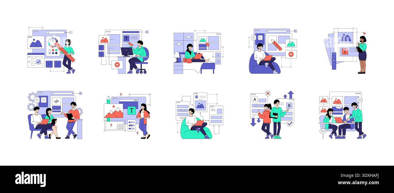 Vector illustration showcasing various actions in the UI UX design process. Features individuals interacting with design elements, coding, and teamwork, emphasizing creativity and collaboration. Stock Vector