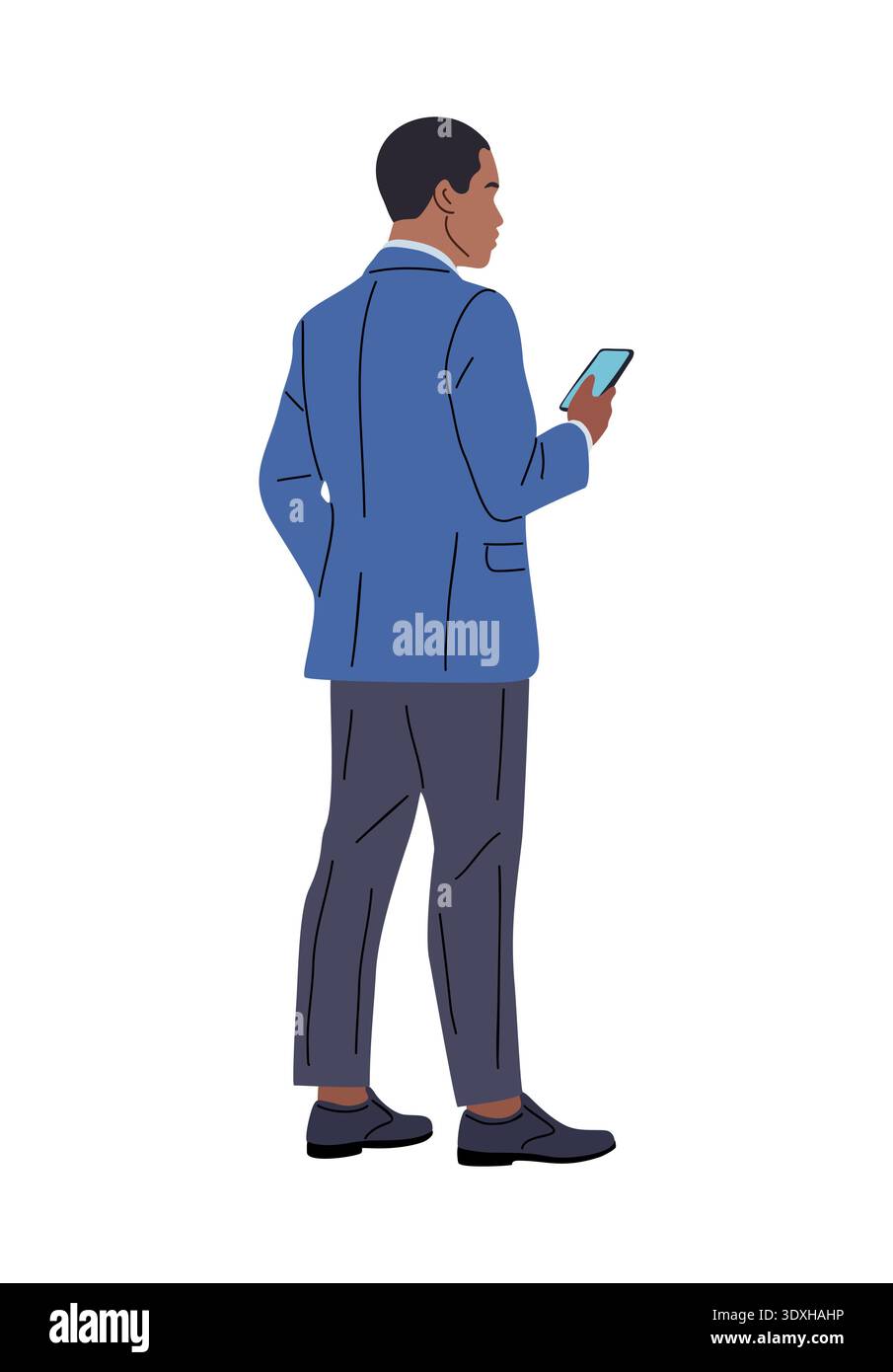 Black man seen from behind holding a smartphone Stock Vector