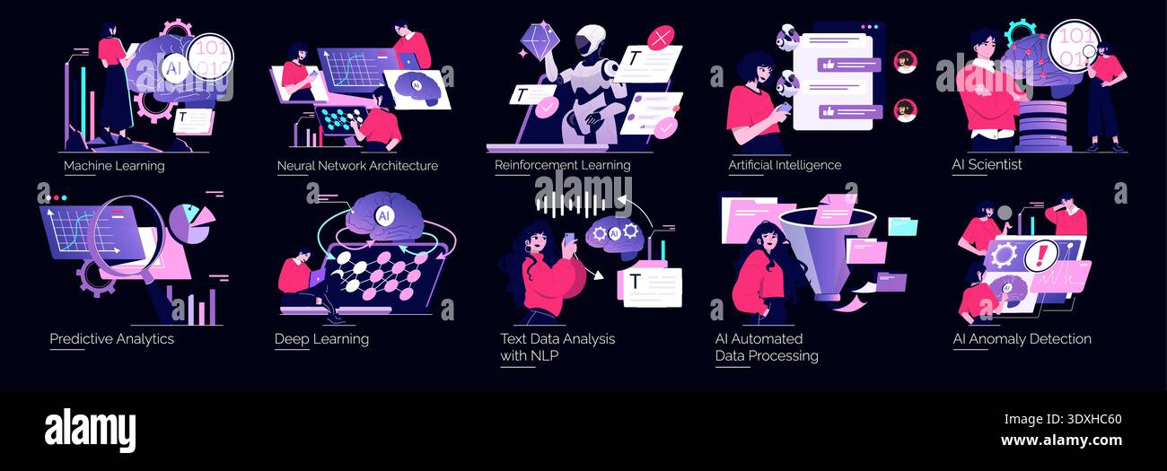 Vector illustration showcasing various AI and machine learning concepts, including neural networks, reinforcement learning, predictive analytics, and data processing. Ideal for educational and tech-focused content. Stock Vector
