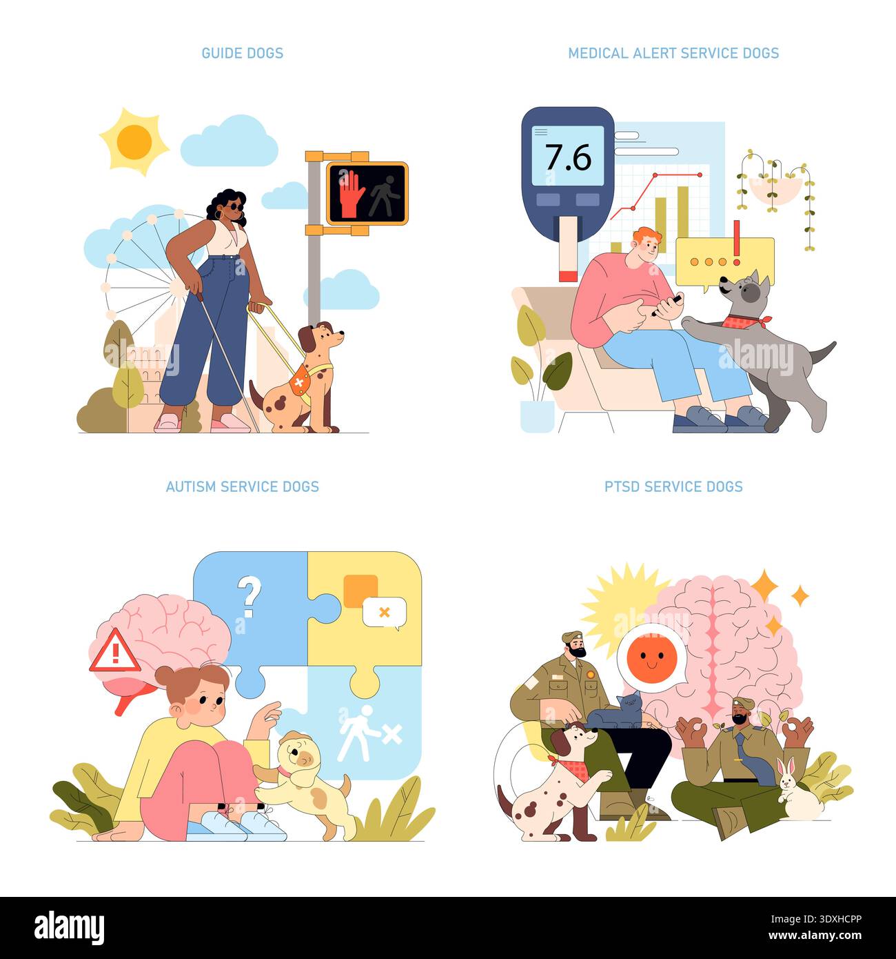 Service Dog Task Animation Vector illustration of service dogs aiding individuals in various ...