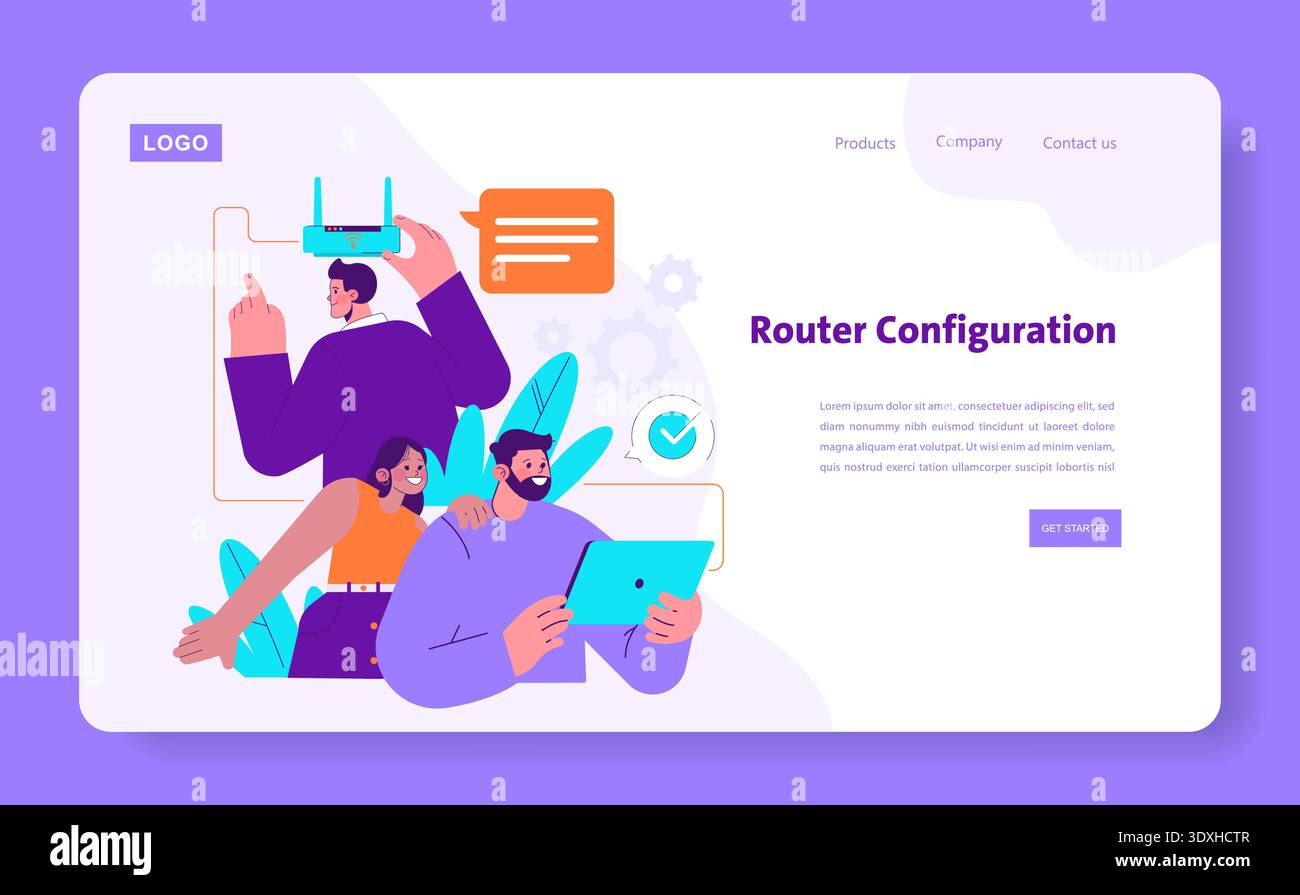Vector illustration showcasing people configuring a router using digital devices. The image represents teamwork in a tech-oriented environment with a focus on connectivity setup. Stock Vector