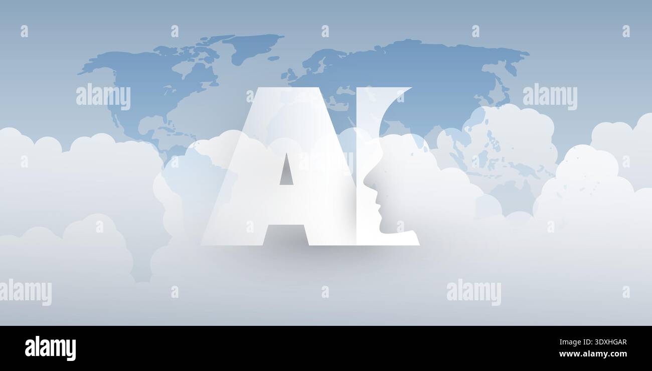 Grey and White Machine Learning, Artificial Intelligence, Cloud Computing and Global Networks Concept with World Map, Globe, Robot Face Profile, Cloud Stock Vector