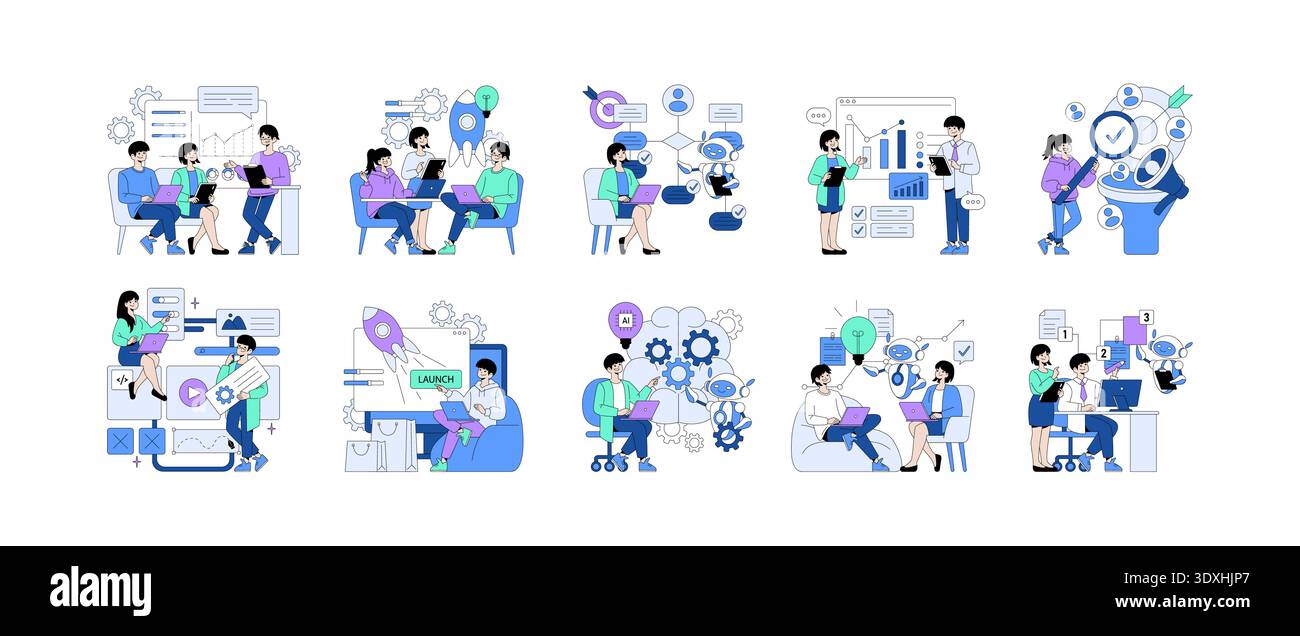 Vector illustration showing groups in a tech-focused environment using various digital tools. Depicts teamwork, project launches, data analysis, and artificial intelligence integration. Stock Vector