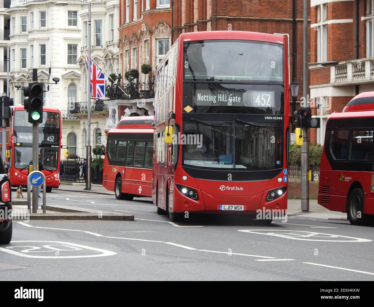 London, UK. 3 March 2026. A route 452 bus is halted on Kensington High ...