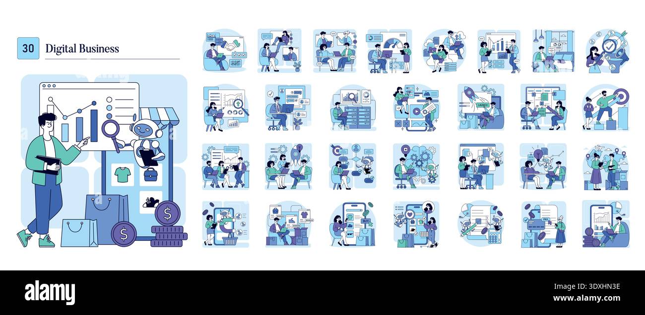 Digital business vector illustration showing teamwork between a human and a robot interacting with data. This set includes various scenes depicting digital marketing, e-commerce, and teamwork. Stock Vector