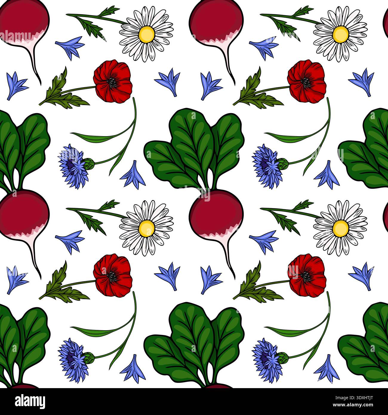 Red radish and wildflowers seamless pattern vector illustration Stock Vector