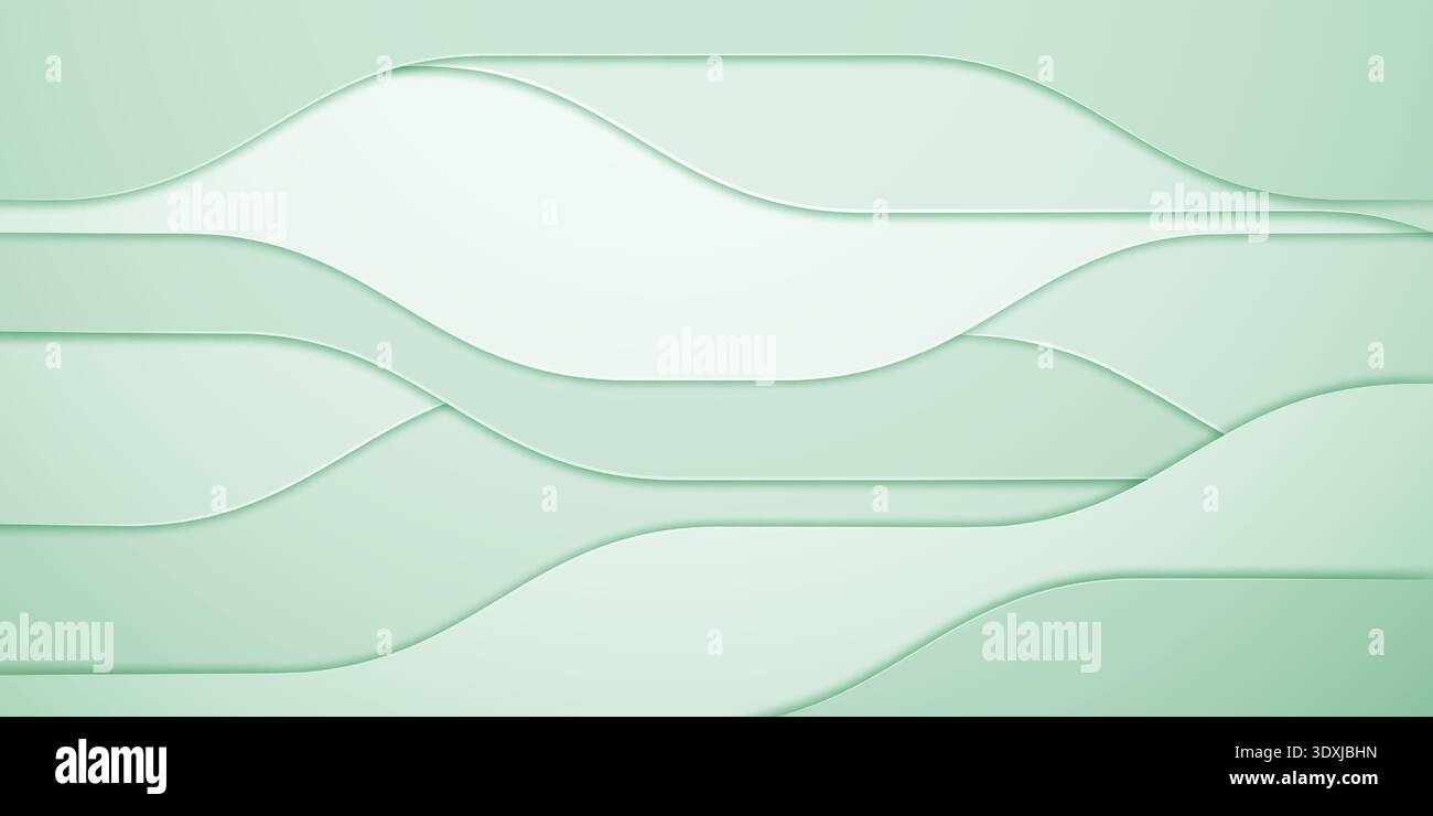 A soothing pastel green abstract background featuring layered wavy shapes, creating a calming and serene visual effect with subtle shading. Stock Vector