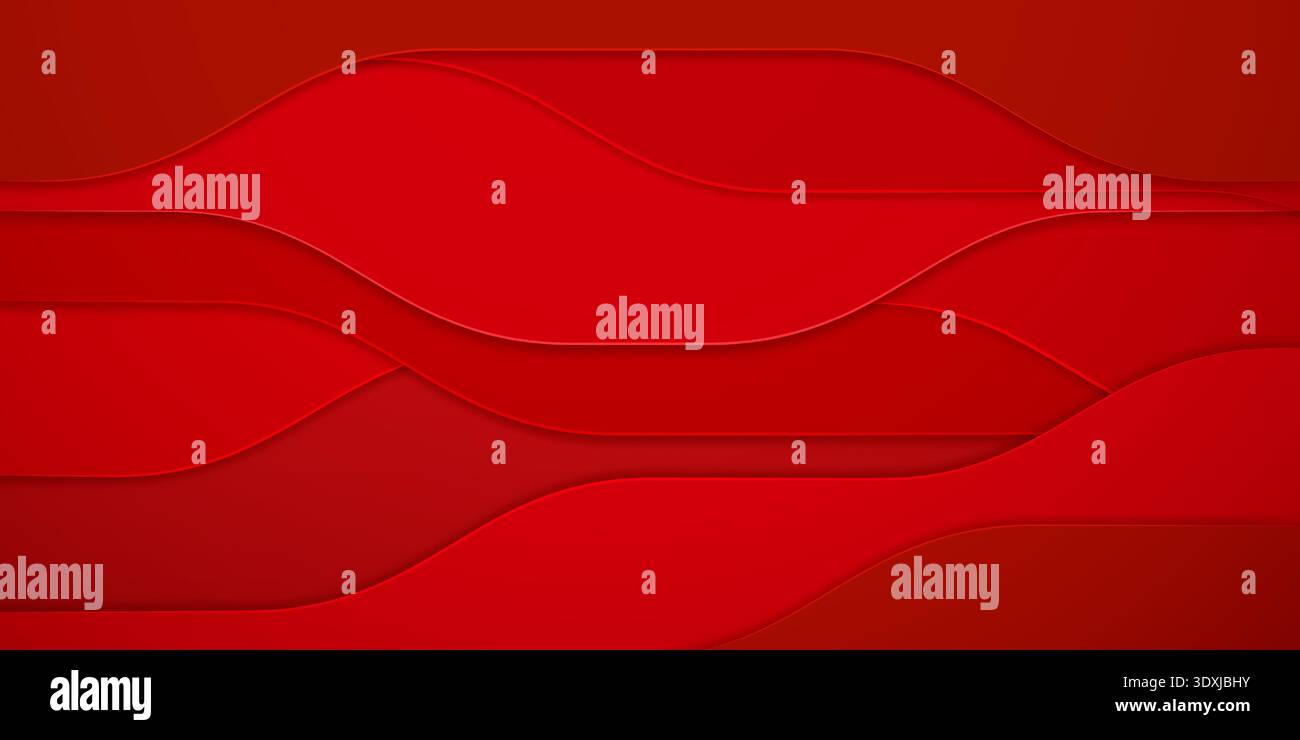 A vibrant red abstract background featuring layered wavy shapes with smooth curves and subtle shading, creating a dynamic visual effect. Stock Vector