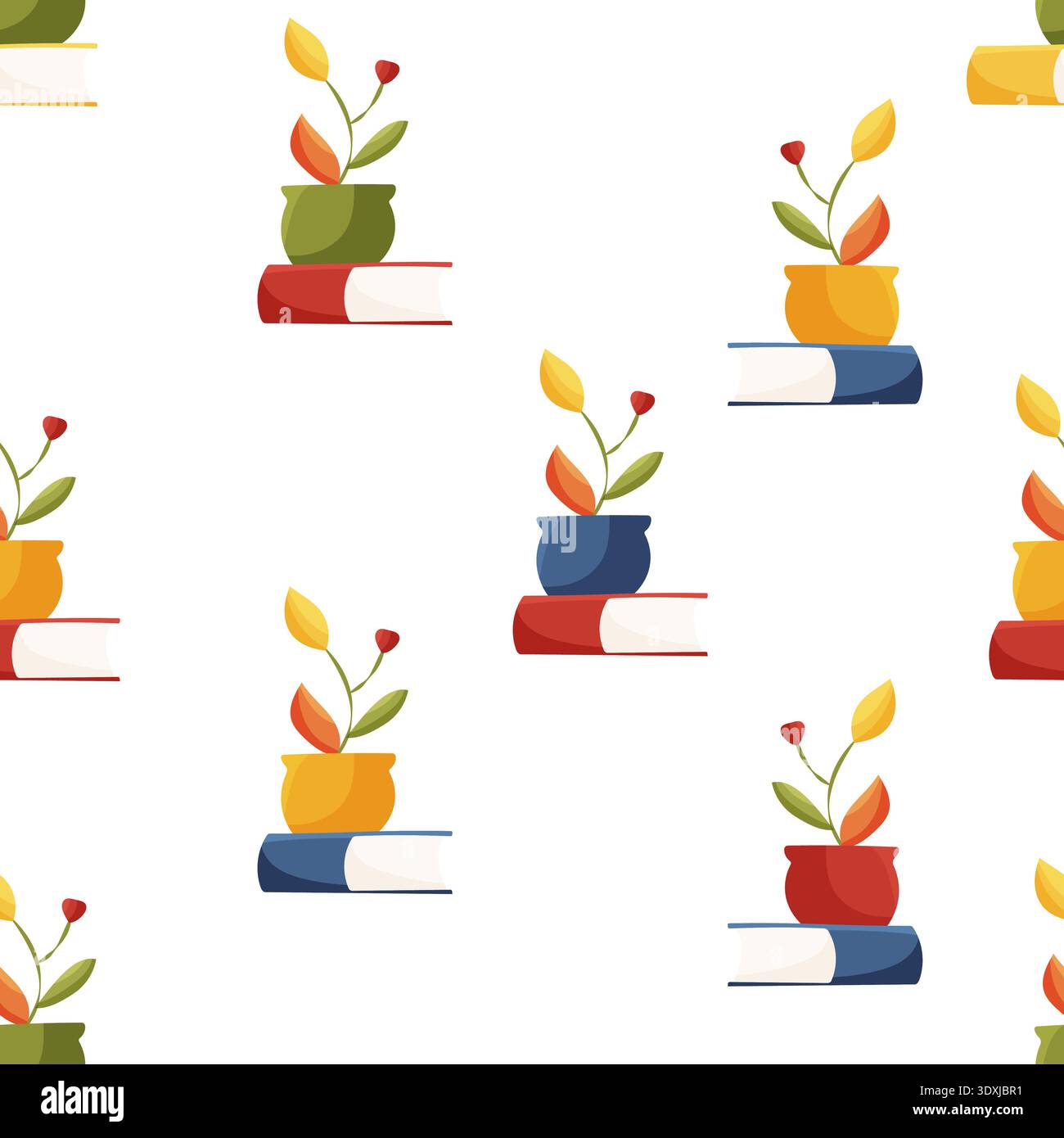 Seamless pattern with books and potted plants Stock Vector