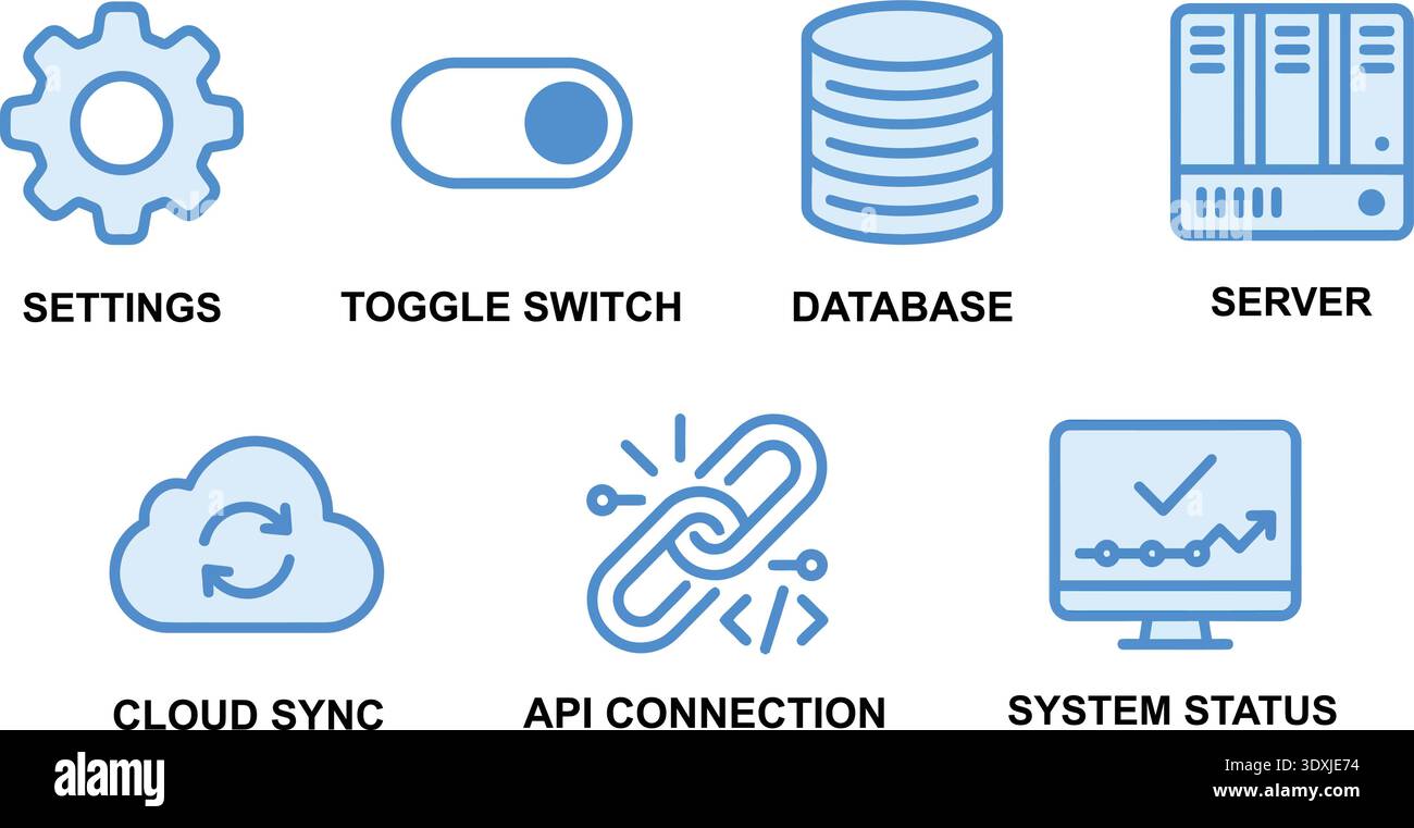 Blue tech icons featuring server racks, cloud sync, and system dashboards. Clean graphics represent backend development, network connectivity, and pro Stock Vector