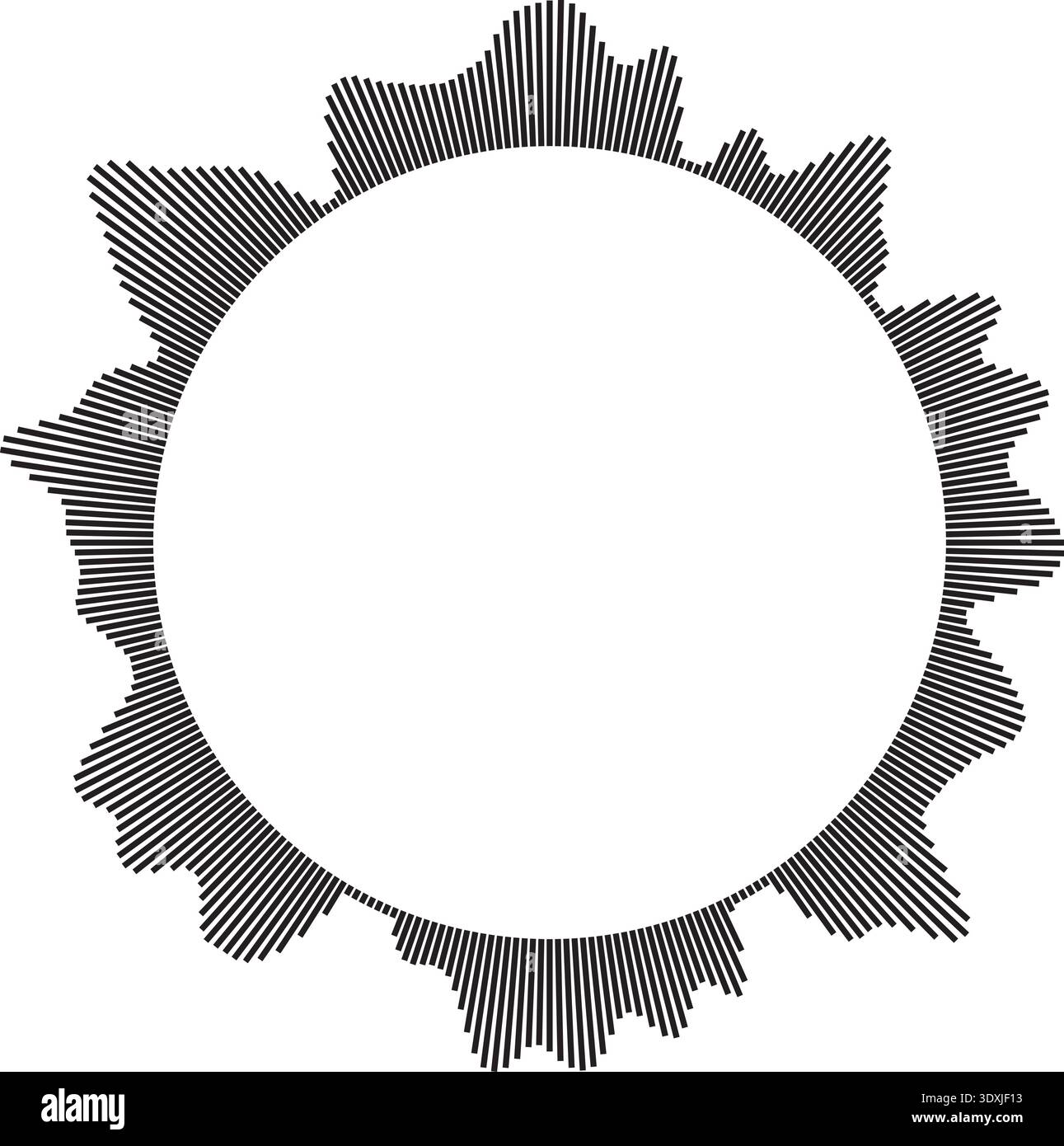 Vector circular sound wave pattern. Radial audio waveform illustration. Round equalizer with peaks. Stock Vector