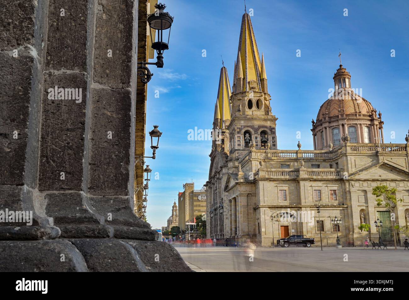Architectural perspective of Guadalajara Cathedral in the historic center of Guadalajara Jalisco Mexico featuring colonial stone columns, traditional Stock Photo