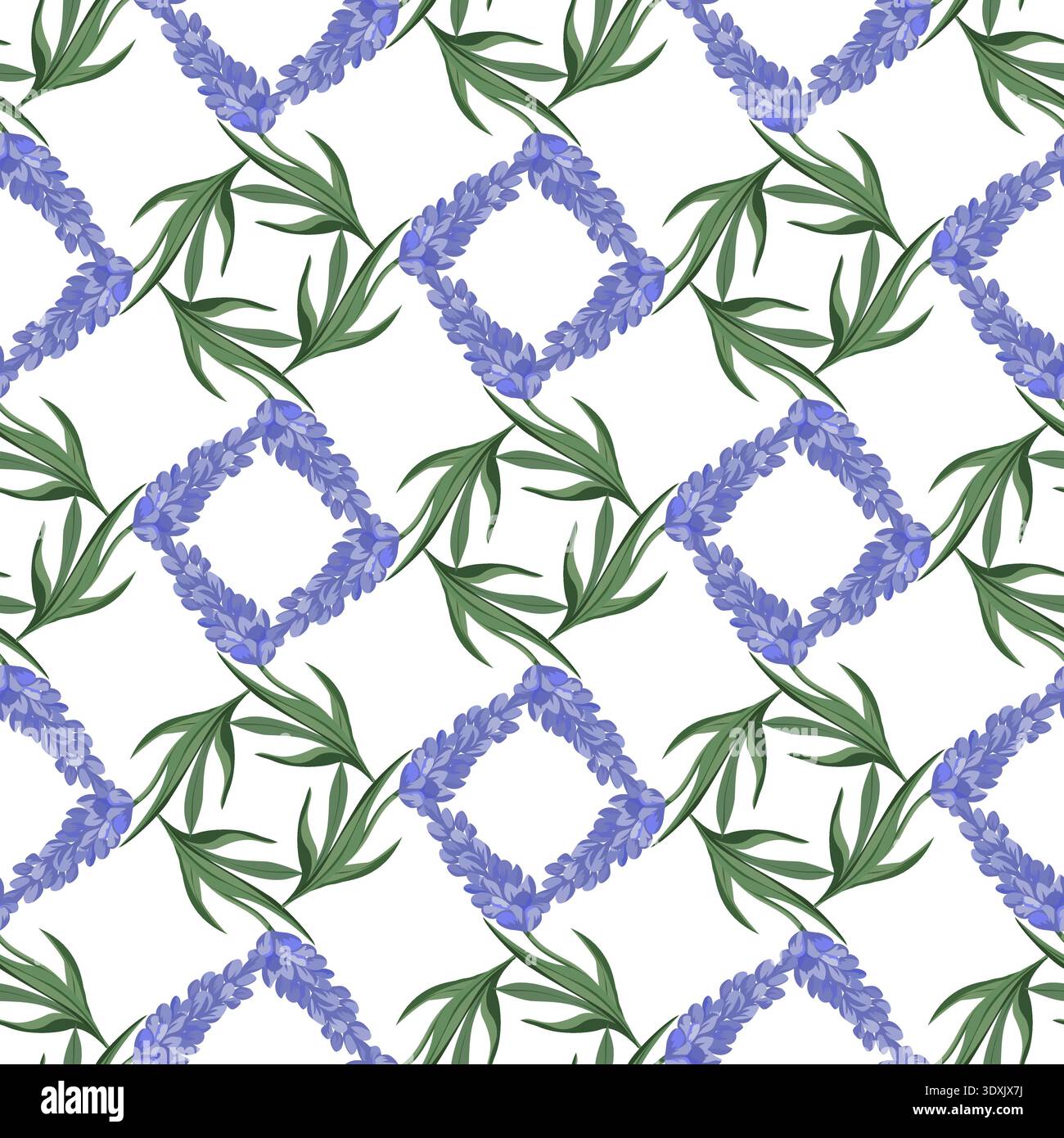 A seamless vector pattern featuring spring flowers on a white background, arranged in a geometric repeating pattern. This square design is suitable for printing, decorating, and surface application. Stock Vector