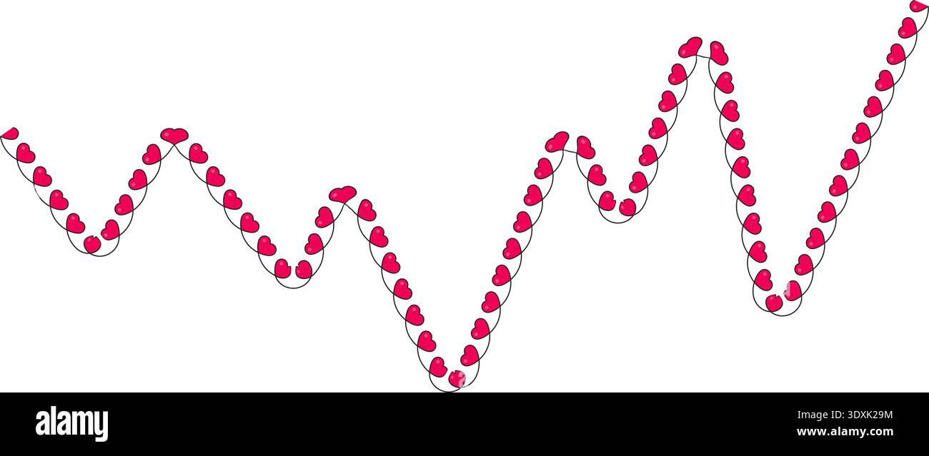 Wavy sinusoidal line with small red hearts positioned along an angular and sharp-edged path, alternating symmetrically. Stock Vector
