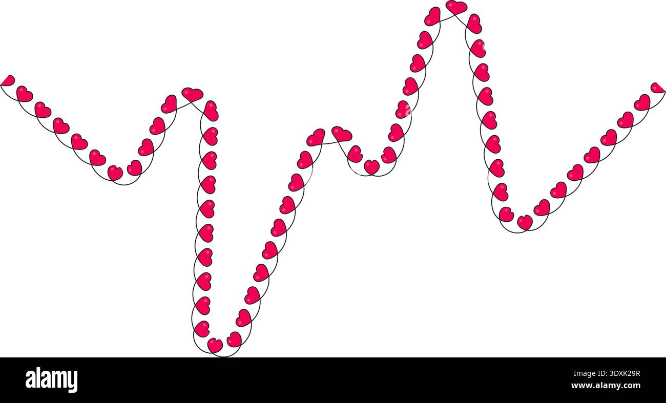 Wavy sinusoidal line with small red hearts positioned along a broken and fragmented path with sharp angles. Stock Vector