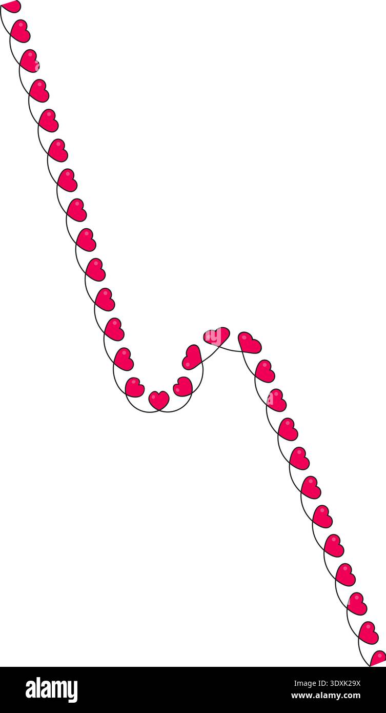 Wavy sinusoidal line with small red hearts distributed along a distorted and irregular zigzag path. Stock Vector