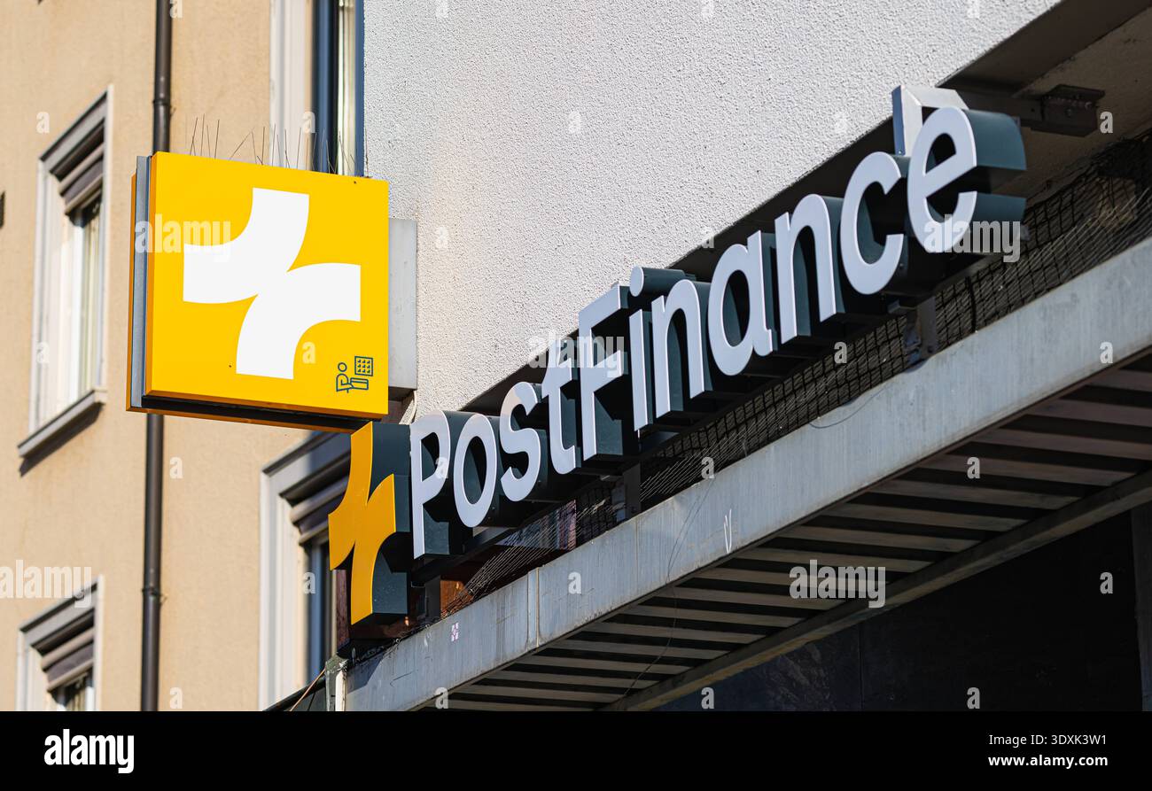 Postfinance logo Schaffhausen, Switzerland, 1st Mar 2026: Close-up of ...