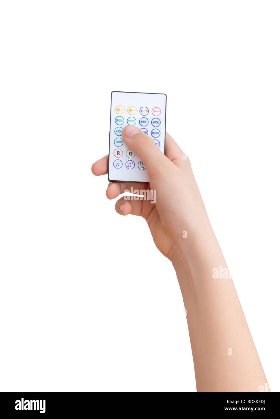 Close up of hand using remote control with multiple buttons isolated on white background Stock Photo