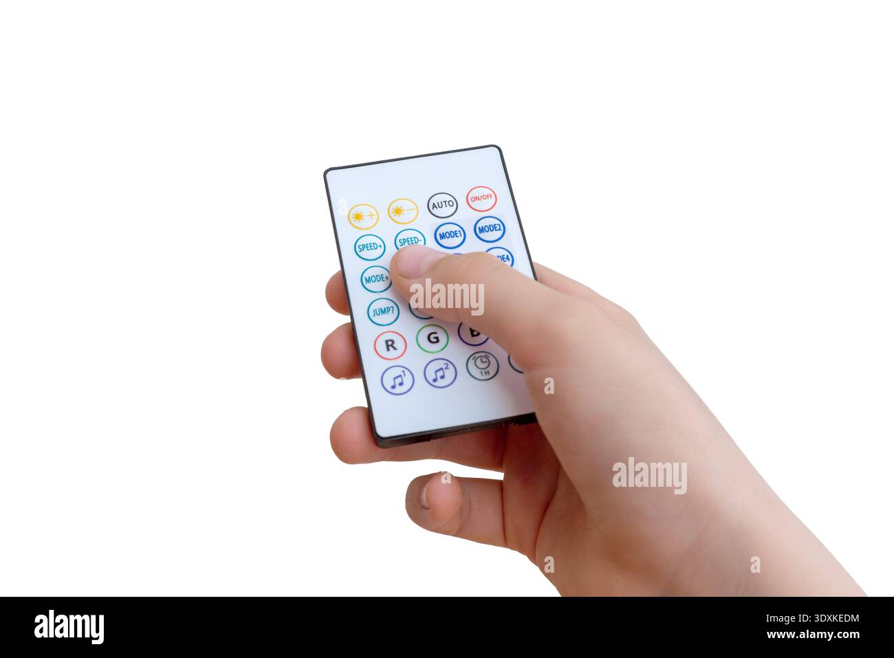 Hand pressing button on wireless remote controller isolated on white background Stock Photo
