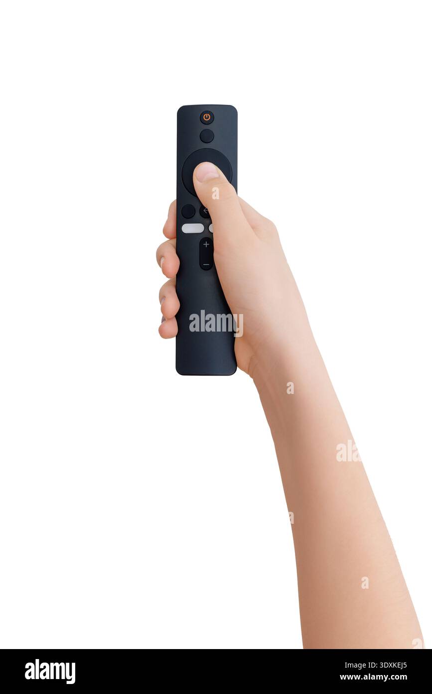 Close up of hand using wireless tv remote controller isolated on white background Stock Photo