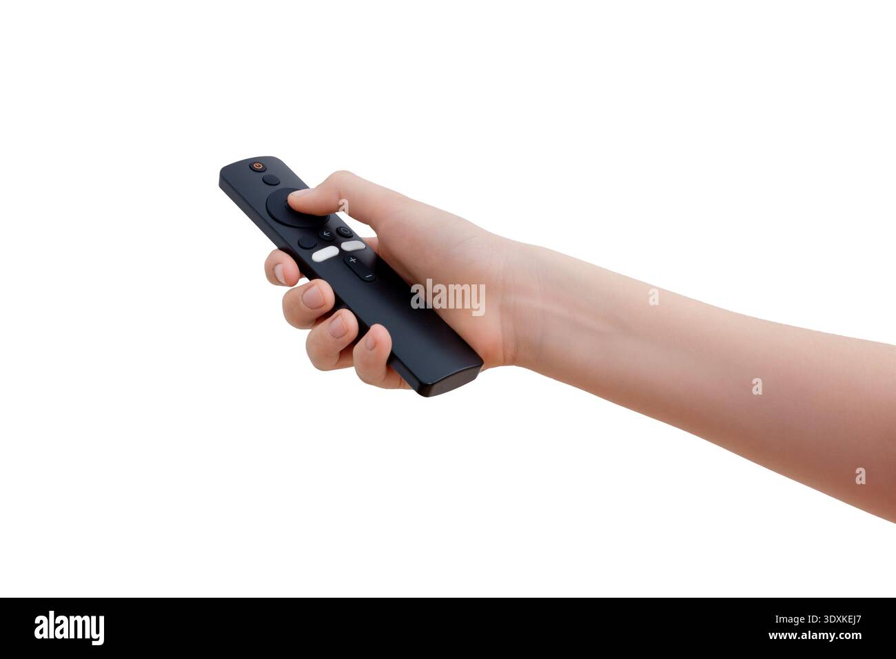 Hand pressing button on wireless television remote control isolated on white background Stock Photo