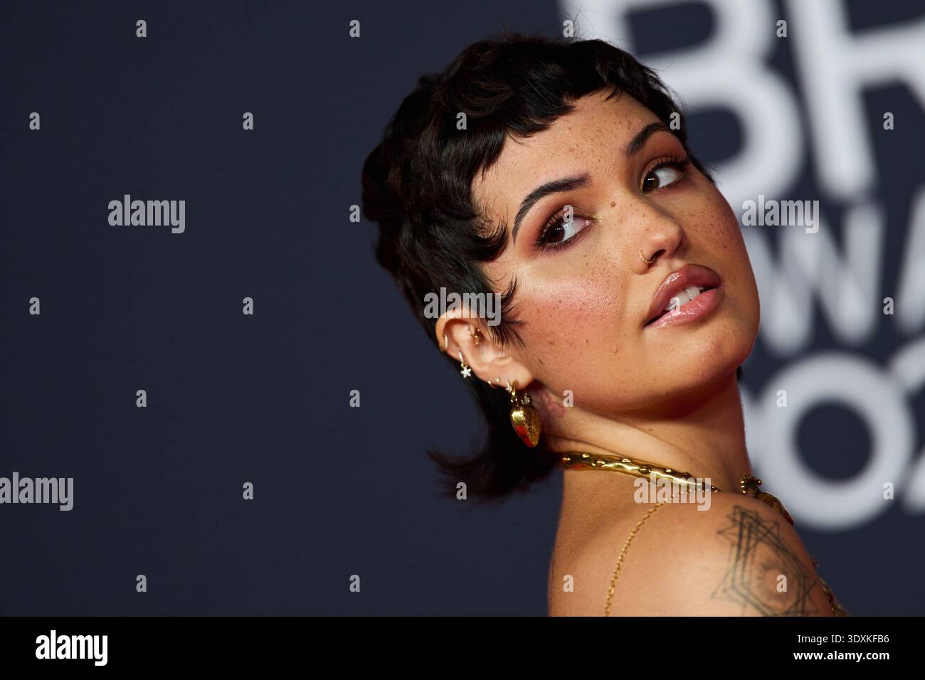 Mabel Manchester Mabel poses for photographers upon arrivals during the Brit Awards 2026 ...