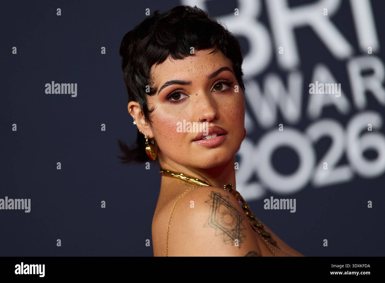 Mabel Manchester Mabel poses for photographers upon arrivals during the Brit Awards 2026 ...