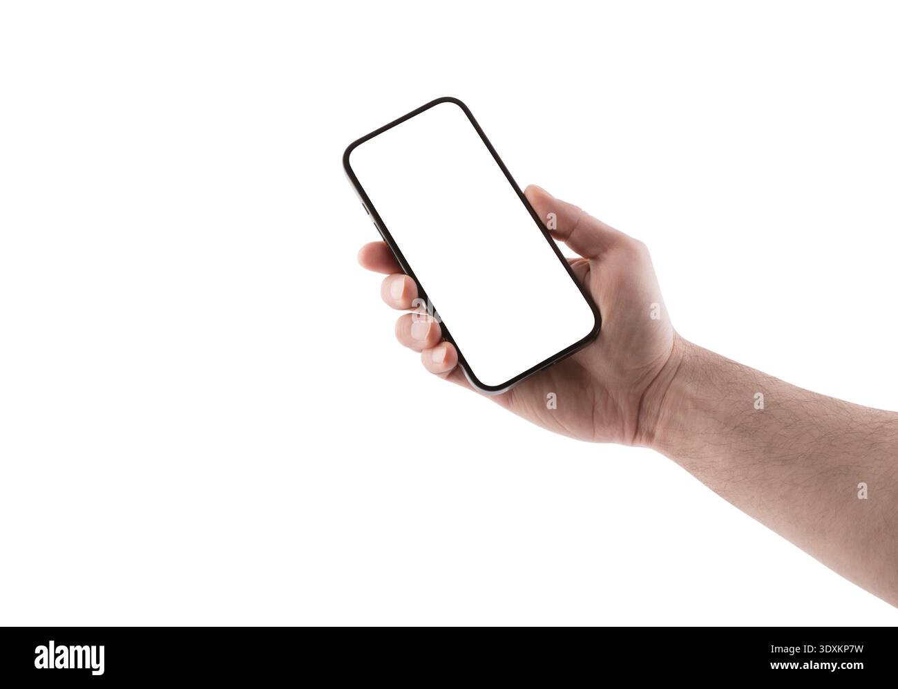 Hand holding modern smartphone with blank screen isolated on white background with clipping path Stock Photo