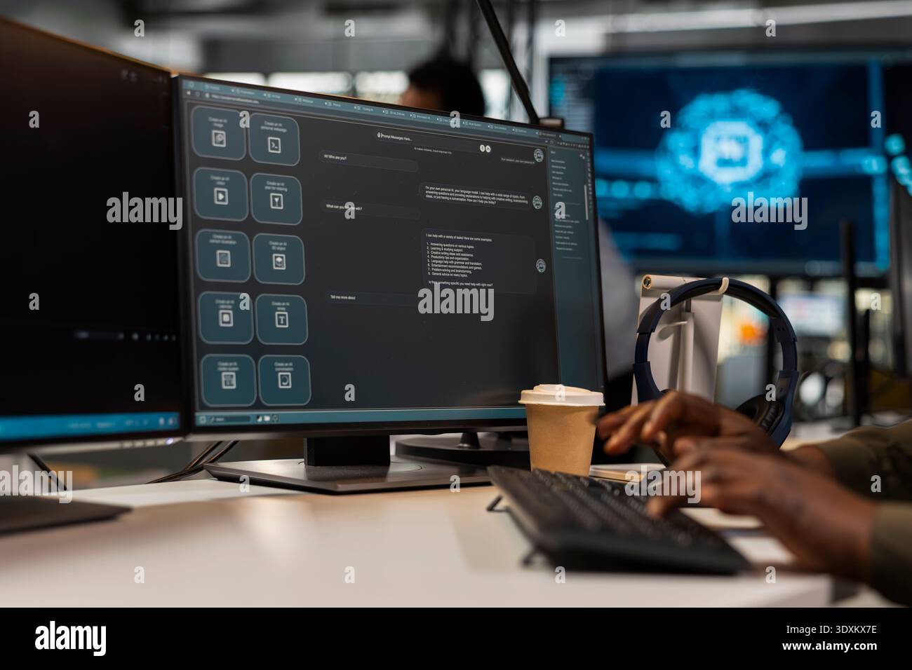 Close up of programmer at work solving tasks with AI LLM chatbot answering prompts using predictive tech. Startup IT specialist using computer to interact with large language model application Stock Photo