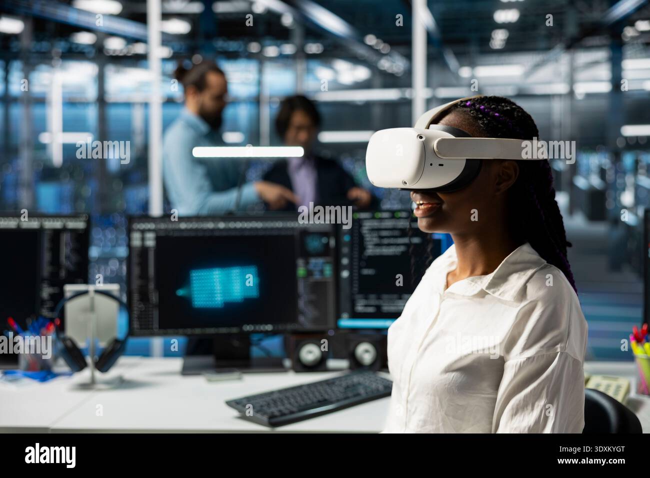 Engineer using virtual reality tech in data center to install upgraded server racks systems with AI. Server room worker wearing VR headset upgrading gear using artificial intelligence Stock Photo
